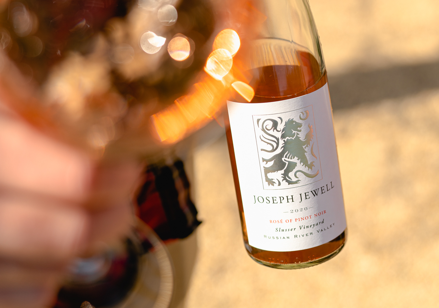Wine Bottle and Wine Glass of Joseph Jewell Wines 2020 Rosé of Pinot Noir Russian River Valley